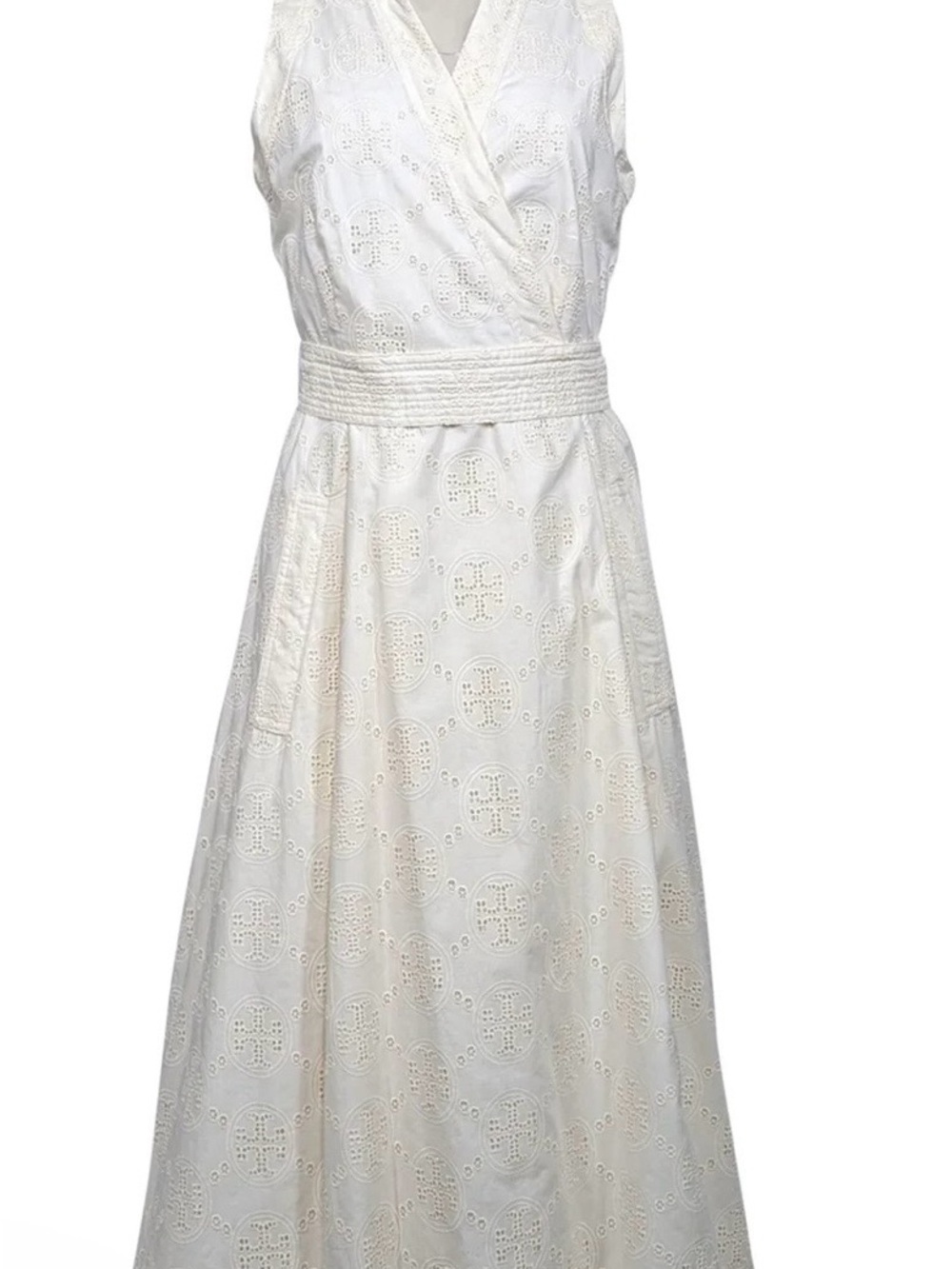 Tory Burch Sleeveless Cream Eyelet Wrap Dress with Waist Tie - Picture 3 of 8